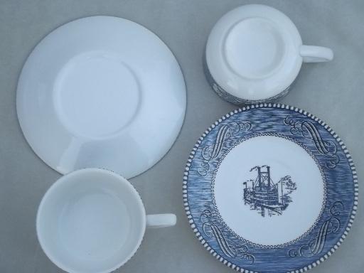 photo of vintage Currier & Ives blue and white china dishes set of cups and saucers #4