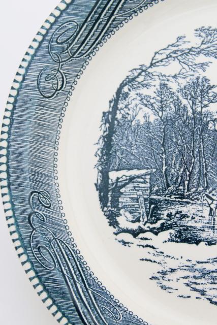 photo of vintage Currier & Ives blue and white china pie pan, pie plate w/ ice cutting scene #3