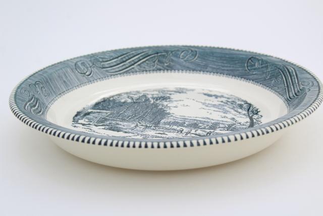 photo of vintage Currier & Ives blue and white china pie pan, pie plate w/ ice cutting scene #4