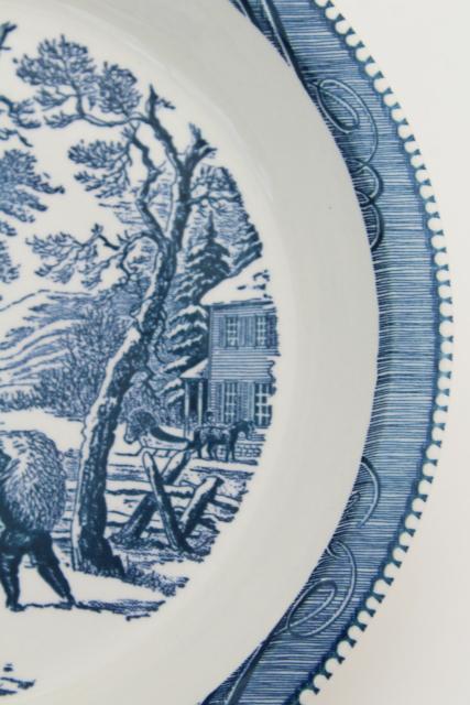 photo of vintage Currier & Ives blue and white china pie pan, pie plate w/ snowy morn scene #3