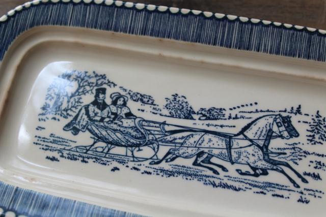 photo of vintage Currier & Ives blue and white transferware butter dish sleigh ride #6