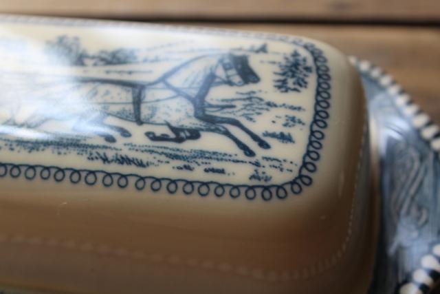 photo of vintage Currier & Ives blue and white transferware butter dish sleigh ride #7