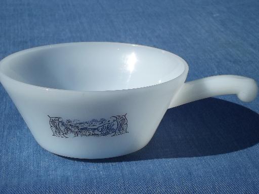 photo of vintage Currier & Ives blue & white kitchen glass, handled soup bowls #2