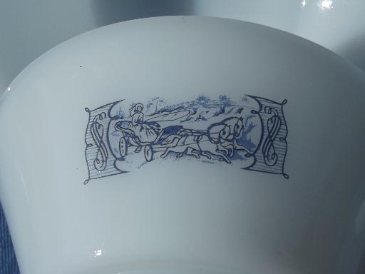 photo of vintage Currier & Ives blue & white kitchen glass, handled soup bowls #5