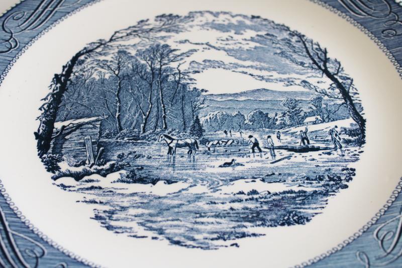 photo of vintage Currier & Ives blue & white transferware china chop or cake plate, cutting ice #2