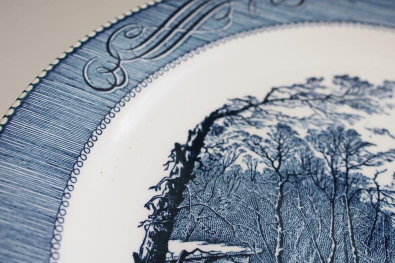 photo of vintage Currier & Ives blue & white transferware china chop or cake plate, cutting ice #3