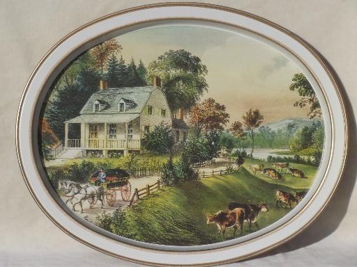 photo of vintage Currier & Ives print metal serving tray, American Homestead Summer  #1