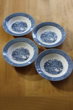 catalog photo of vintage Currier and Ives blue & white china plate rim soup bowls set of four