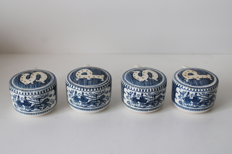 photo of vintage Currier & Ives print salt & pepper shakers, blue and white Royal China lot of two S&P sets  #1