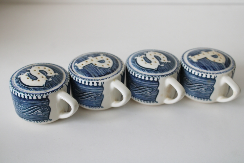 photo of vintage Currier & Ives print salt & pepper shakers, blue and white Royal China lot of two S&P sets  #4