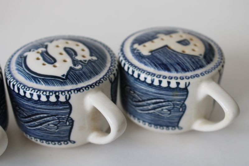 photo of vintage Currier & Ives print salt & pepper shakers, blue and white Royal China lot of two S&P sets  #5