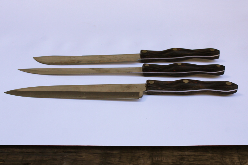 photo of vintage Cutco knives brown bakelite handles 1722 butcher knife, 1723 serrated carving, 1725 french chef's knife  #1