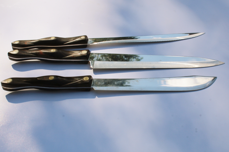 photo of vintage Cutco knives brown bakelite handles 1722 butcher knife, 1723 serrated carving, 1725 french chef's knife #2