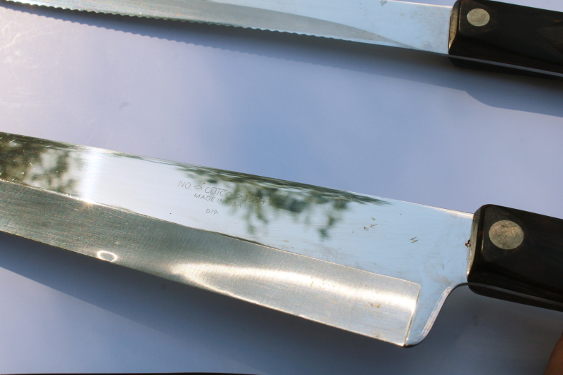 photo of vintage Cutco knives brown bakelite handles 1722 butcher knife, 1723 serrated carving, 1725 french chef's knife #6