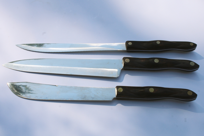 photo of vintage Cutco knives brown bakelite handles 1722 butcher knife, 1723 serrated carving, 1725 french chef's knife #8