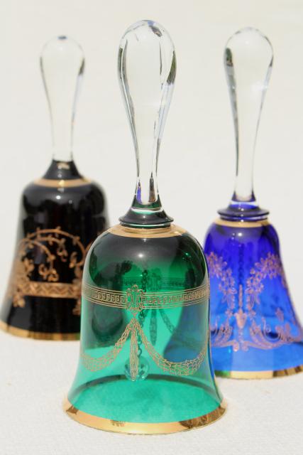 photo of vintage Czech Bohemia glass table bells, hand painted gold colored glass bell collection #1