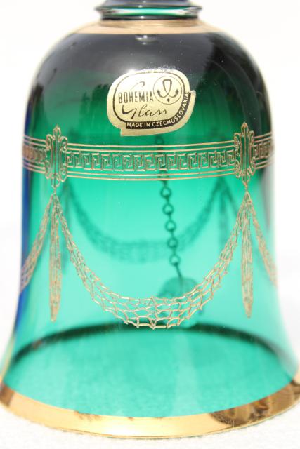 photo of vintage Czech Bohemia glass table bells, hand painted gold colored glass bell collection #2
