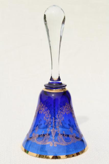 photo of vintage Czech Bohemia glass table bells, hand painted gold colored glass bell collection #5