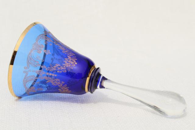 photo of vintage Czech Bohemia glass table bells, hand painted gold colored glass bell collection #6