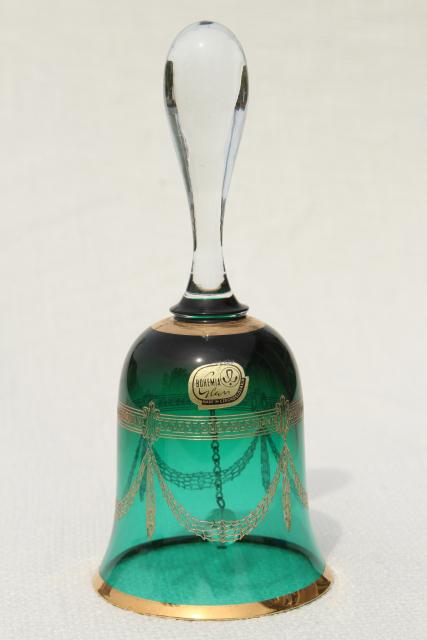 photo of vintage Czech Bohemia glass table bells, hand painted gold colored glass bell collection #7