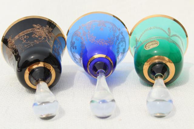 photo of vintage Czech Bohemia glass table bells, hand painted gold colored glass bell collection #9