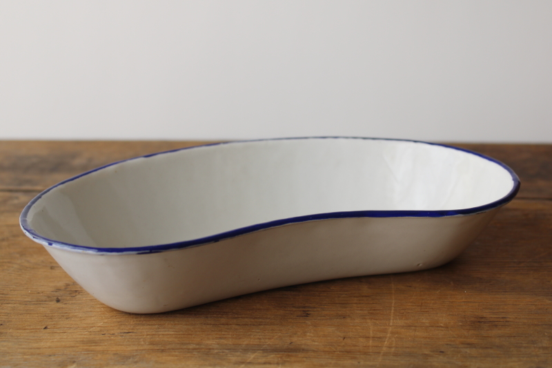 photo of vintage Czech enamelware basin, blue band white kidney shape hospital pan  #1