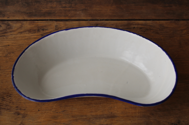 photo of vintage Czech enamelware basin, blue band white kidney shape hospital pan  #2