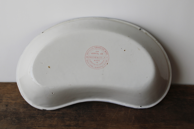 photo of vintage Czech enamelware basin, blue band white kidney shape hospital pan  #3