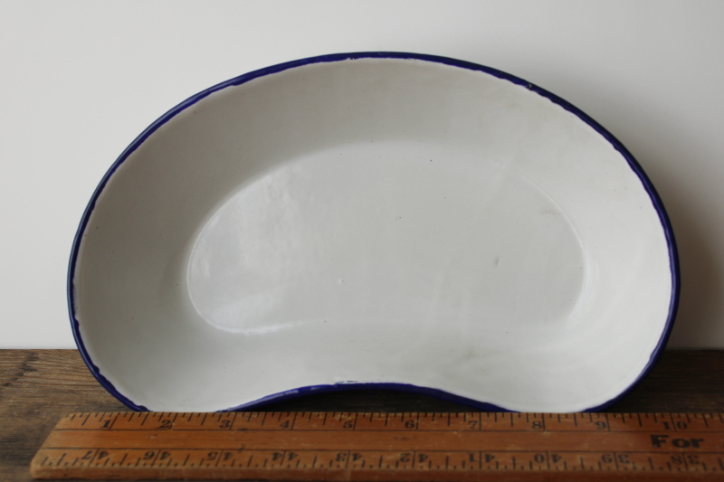 photo of vintage Czech enamelware basin, blue band white kidney shape hospital pan  #4