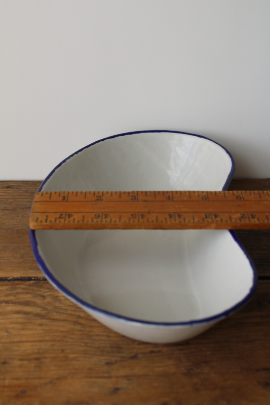 photo of vintage Czech enamelware basin, blue band white kidney shape hospital pan  #5