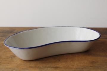 catalog photo of vintage Czech enamelware basin, blue band white kidney shape hospital pan 