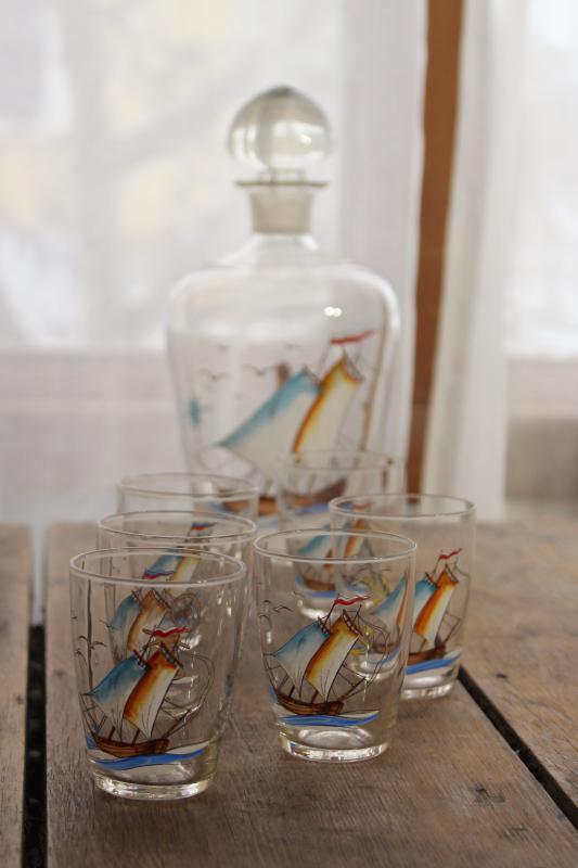 photo of vintage Czech hand painted glass ships decanter & shot glasses, Czecho-slovakia mark #1