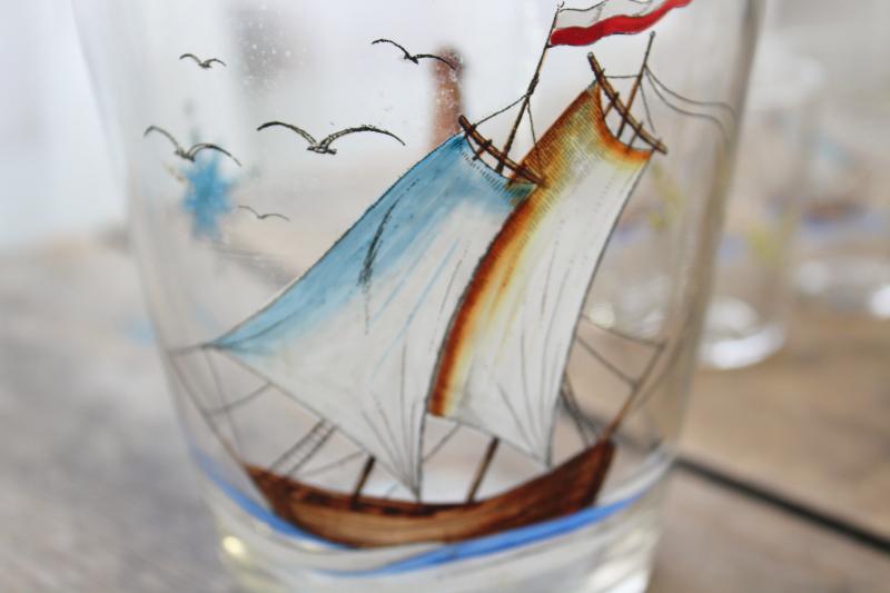 photo of vintage Czech hand painted glass ships decanter & shot glasses, Czecho-slovakia mark #3