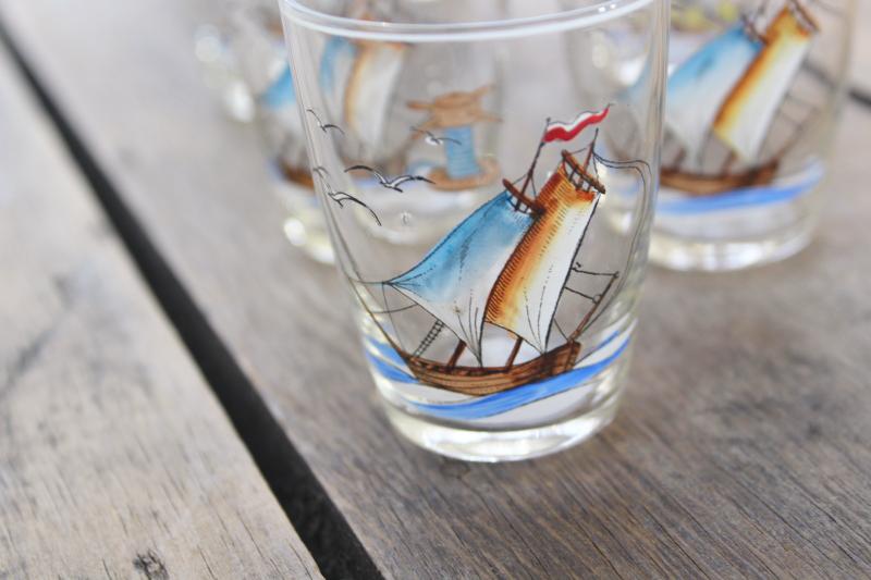 photo of vintage Czech hand painted glass ships decanter & shot glasses, Czecho-slovakia mark #6