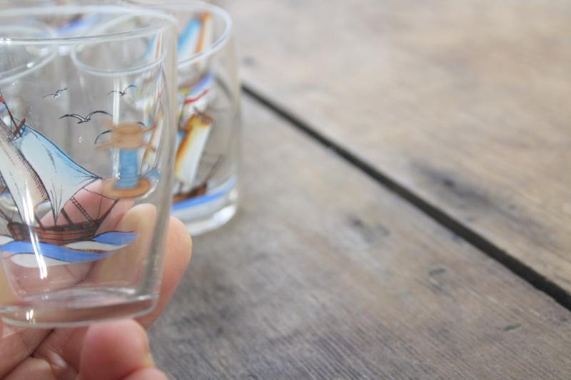 photo of vintage Czech hand painted glass ships decanter & shot glasses, Czecho-slovakia mark #7