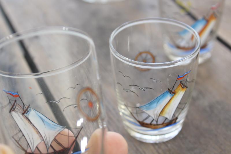 photo of vintage Czech hand painted glass ships decanter & shot glasses, Czecho-slovakia mark #9