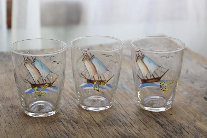 photo of vintage Czech hand painted glass ships decanter & shot glasses, Czecho-slovakia mark #10