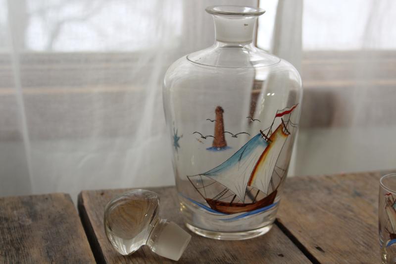 photo of vintage Czech hand painted glass ships decanter & shot glasses, Czecho-slovakia mark #11