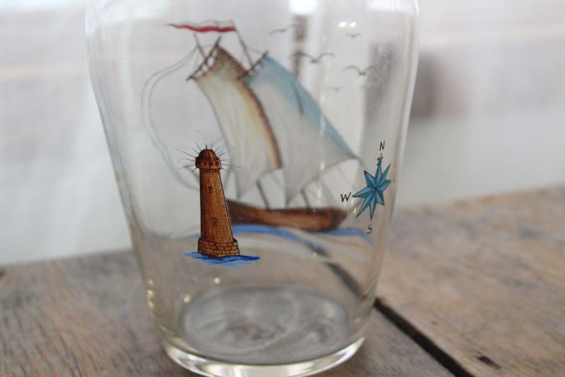 photo of vintage Czech hand painted glass ships decanter & shot glasses, Czecho-slovakia mark #13