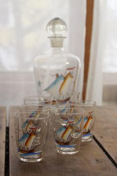 catalog photo of vintage Czech hand painted glass ships decanter & shot glasses, Czecho-slovakia mark