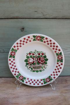 vintage Czech pottery plate, underglaze painted stencil basket of red roses