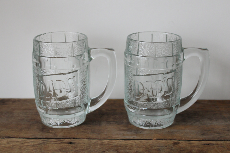 photo of vintage Dad's Root Beer mugs, barrel shape embossed glass collectible advertising  #1