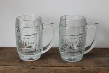 catalog photo of vintage Dad's Root Beer mugs, barrel shape embossed glass collectible advertising 
