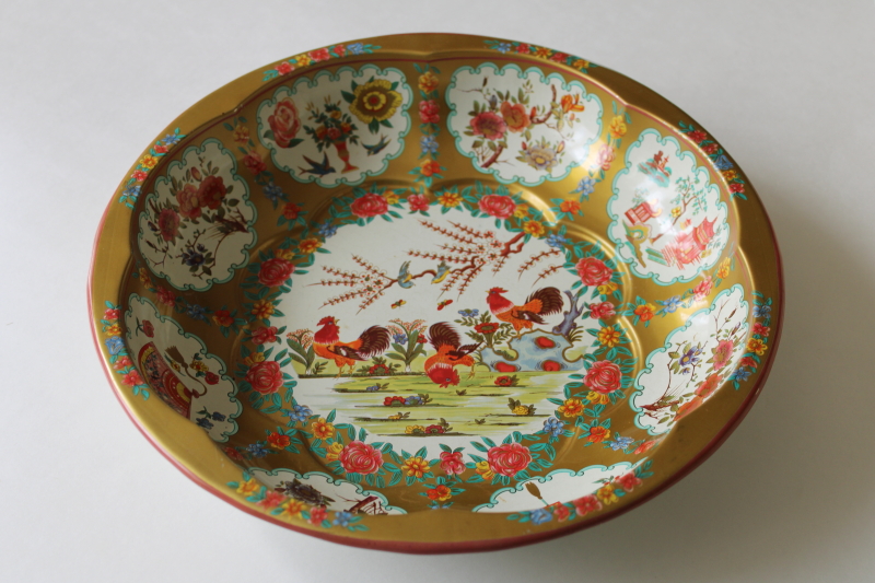photo of vintage Daher Decorated Ware bowl, chinoiserie roosters chickens litho print metal #1