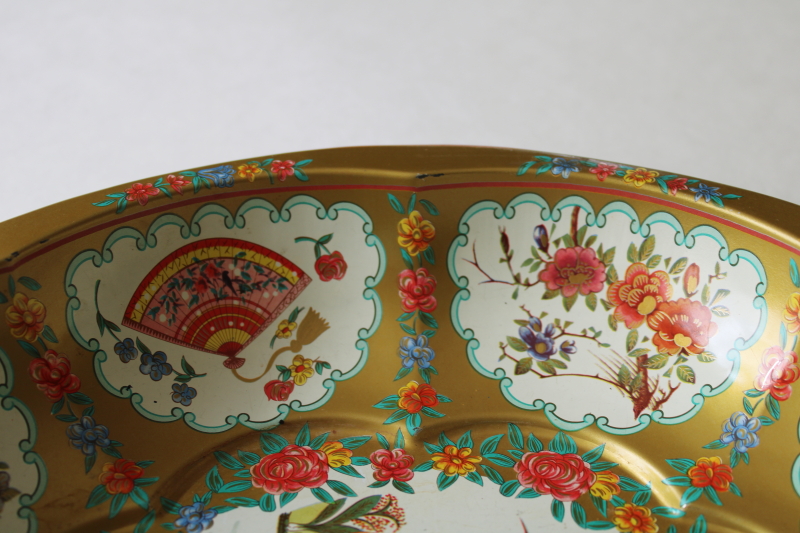 photo of vintage Daher Decorated Ware bowl, chinoiserie roosters chickens litho print metal  #4
