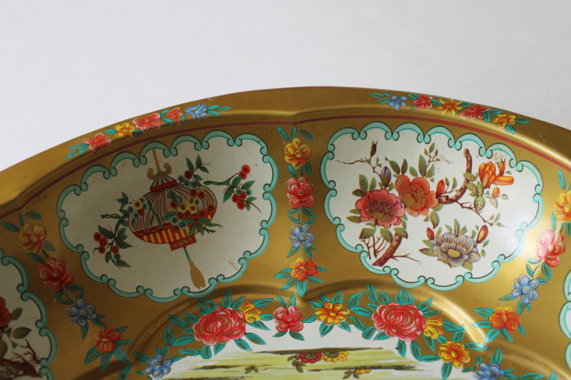photo of vintage Daher Decorated Ware bowl, chinoiserie roosters chickens litho print metal  #5