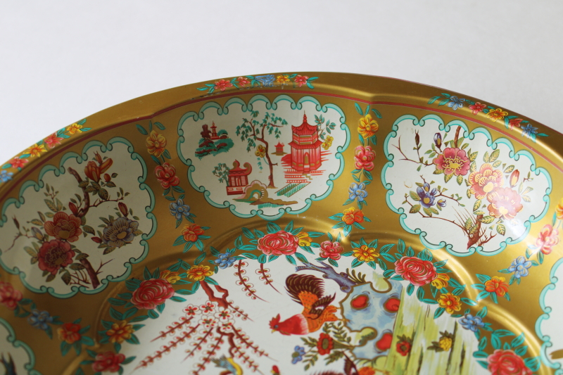 photo of vintage Daher Decorated Ware bowl, chinoiserie roosters chickens litho print metal  #6