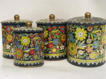 catalog photo of vintage Daher Decorated Ware made in England tole metal canister jars set