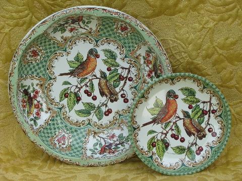 photo of vintage Daher English toleware bowls, robins and cherries, birds on branch #1