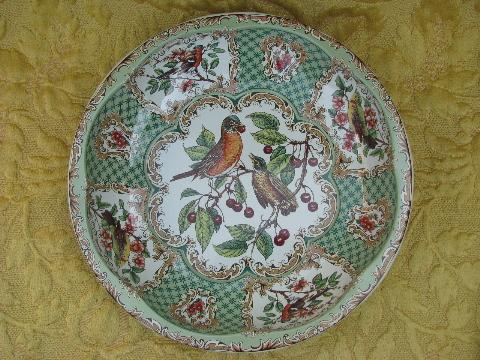 photo of vintage Daher English toleware bowls, robins and cherries, birds on branch #2